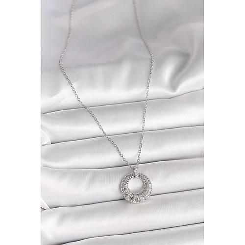 316L �elik G�m�� Renk Zincir Zirkon Ta� ��lemeli Daire Model Kad�n Kolye