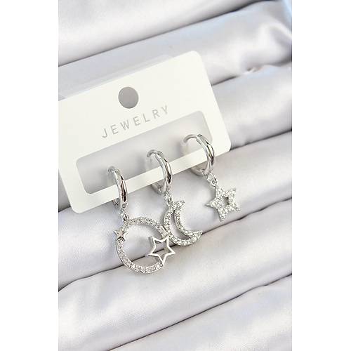 Pirin� Zirkon Ta�l� Ay Ve Y�ld�z Model G�m�� Renk 3'l� �ift Kad�n K�pe Set
