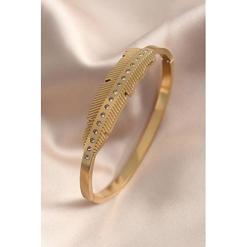 Gold Renk Yaprak Model Zirkon Ta� Detay Kelep�e Kad�n Bileklik