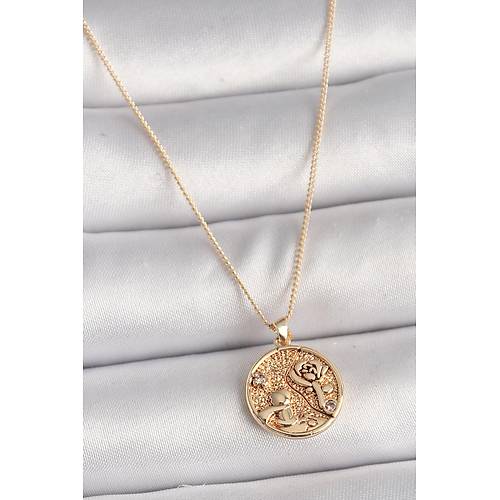 Pirin� Gold Renk Zirkon Ta� Detayl� G�l ��leme Madalyon Model Kad�n Kolye