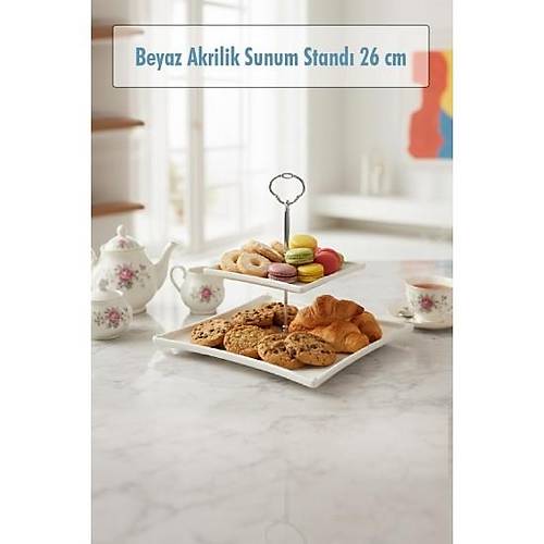 2 Katl� Beyaz Akrilik Meyvelik & Kurabiyelik & Sunum Stand� - 26 cm