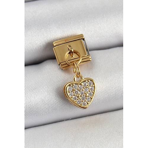 316L �elik Sallant�l� Zirkon Ta�l� Kalp Model Gold Renk Nomination Charm