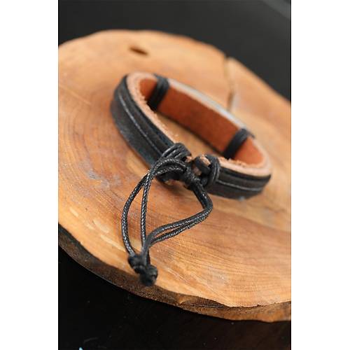 �elik Aksesuarl� Siyah Renk Deri Erkek Bileklik