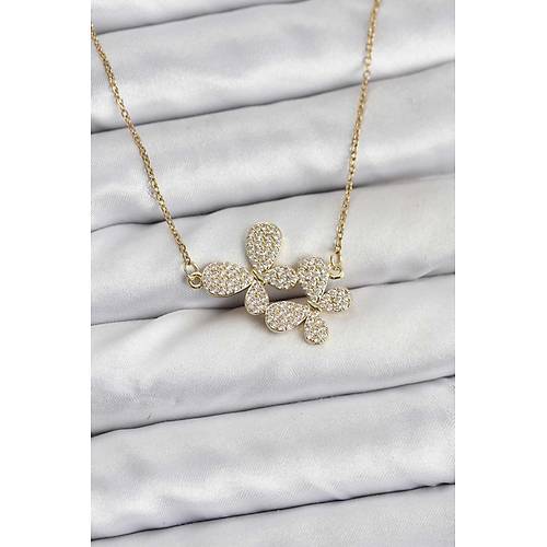 316L �elik Zincir Gold Renk Zirkon Ta�l� Kelebek Model Kad�n Kolye