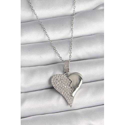 316L �elik G�m�� Renk Zincir Zirkon Ta�l� K�r�k Kalp Model Kad�n Kolye
