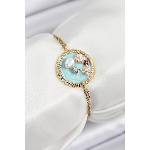 316L �elik Zincir Turkuaz Mineli Sanatsal Portre �nci Detayl� �i�ek Model Gold Renk Kad�n Bileklik