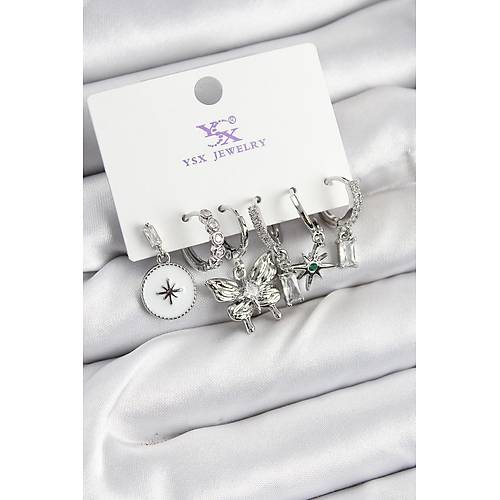 Pirin� Z�rkon Ta�l� Kelebek ve Y�ld�z Model G�m�� Renk 3'l� �ift Kad�n K�pe