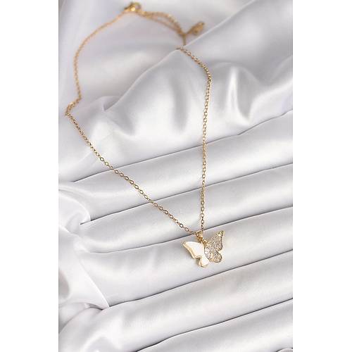 316L �elik Gold Renk Zincir Zirkon Ta�l� Beyaz Mineli Kelebek Model Kad�n Kolye
