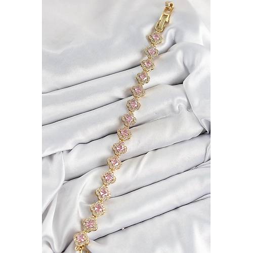 Pirin� Zirkon Ta�l� Pembe Yonca Baget Model Gold Renk VIP Seri Kad�n Bileklik