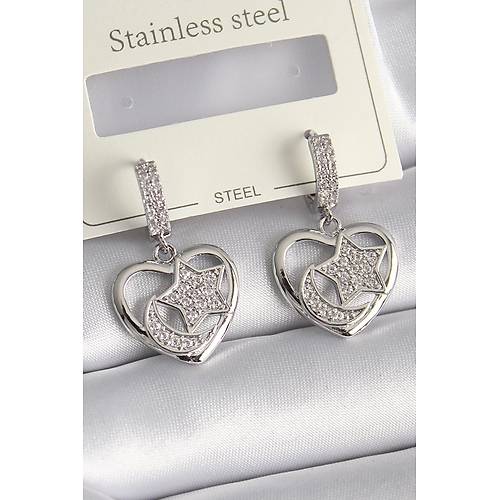 Pirin� G�m�� Renk Kalp Model Zirkon Ta�l� Ay Y�ld�z ��lemeli Kad�n K�pe