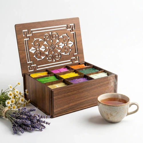 9 B�lmeli Ah�ap Bitki �ay� Organizeri Kapakl� MDF �ay Kutusu Kahve K��esi D�zenleyici