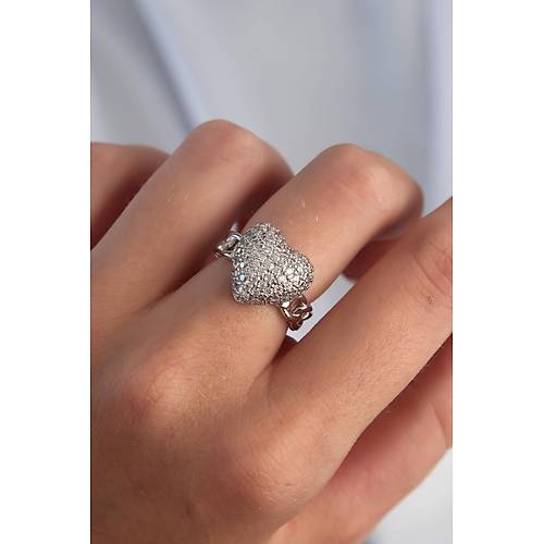 Pirin� Ayarlamal� G�m�� Renk Zirkon Ta�l� Bombeli Kalp Y�z�k