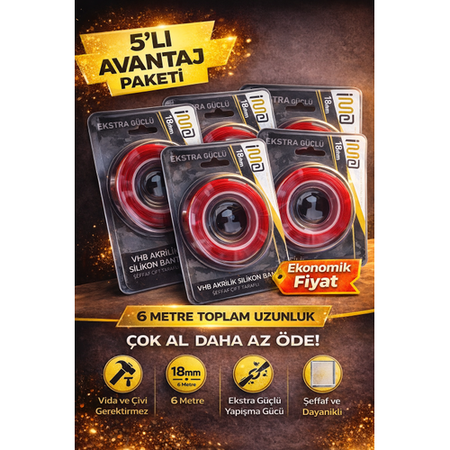 VHB Akrilik Silikon Bant 18mm x 2 Metre �effaf �ift Tarafl� G��l� Yap��t�r�c� Bant 5 Adet
