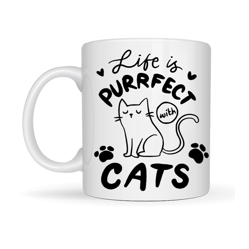 Life is Purrfect with Cats � Kedi Desenli Porselen Kupa MODEL 62 Sevimli Kedi Fig�rl� Kahve Kupas�