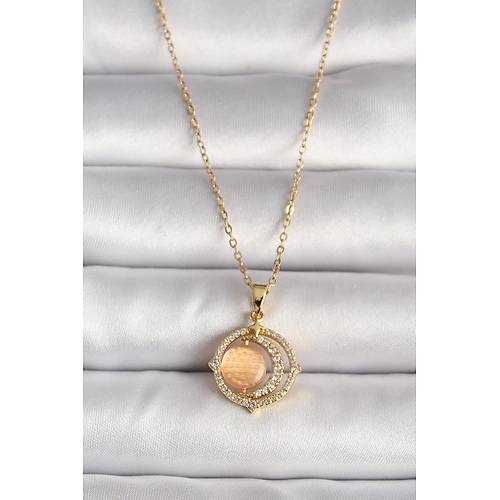 316L �elik Gold Renk Zirkon Ta�l� Turuncu Sedefli Hilal Model Kad�n Kolye