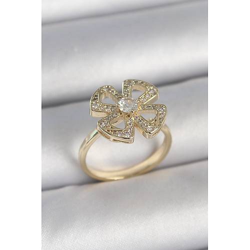 Pirin� Gold Renk Zirkon Ta�l� Yonca Model Ayarlanabilir Kad�n Y�z�k