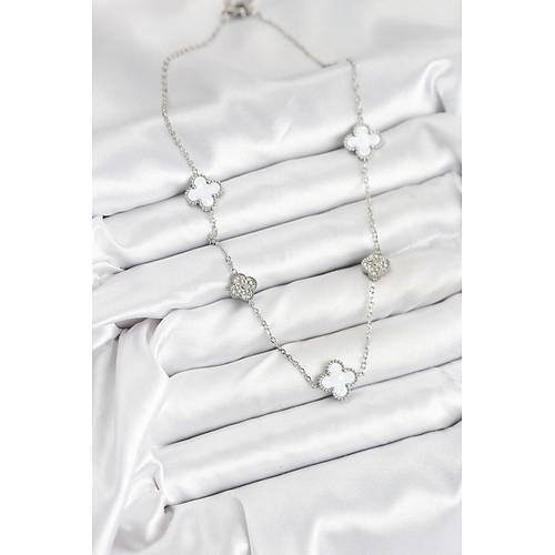 316L �elik Zincir G�m�� Renk Beyaz ve Zirkon Ta�l� Yonca Kad�n Kolye