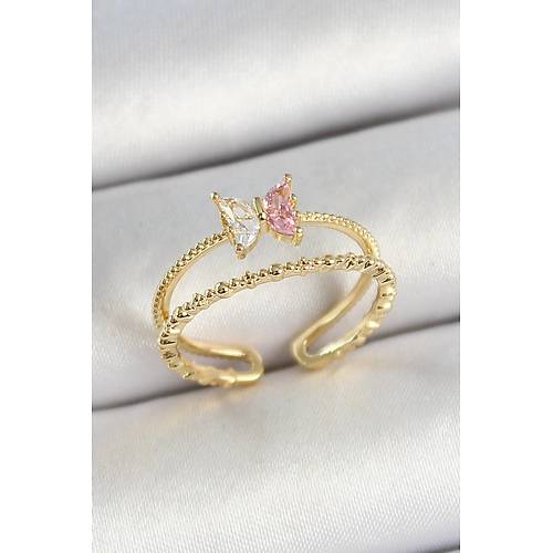 Pirin� Kelebek Fig�rl� Zirkon Ta�l� Gold Renk Ayarlanabilir Kad�n Y�z�k