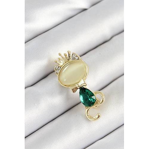 Ye�il Damla Zirkon Ta�l� Krali�e Ta�l� Kedi Fig�rl� Gold Renk Kad�n Bro�