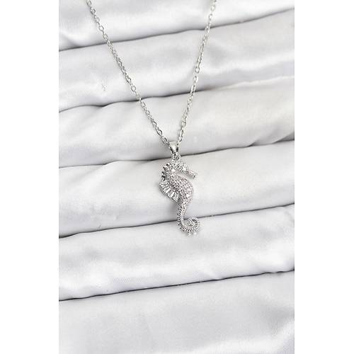 316L �elik Zincir G�m�� Renk Deniz At� Model Zirkon Ta�l� Kad�n Kolye
