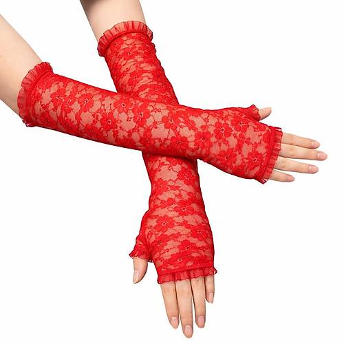 Uzun Zarif Dantel Eldiven Parmaks�z K�rm�z� 35 cm