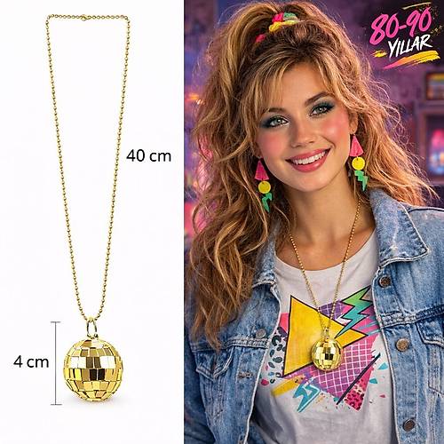 Retro Disko Topu �ekilli 80'ler 90'lar Alt�n Renk Plastik Kolye