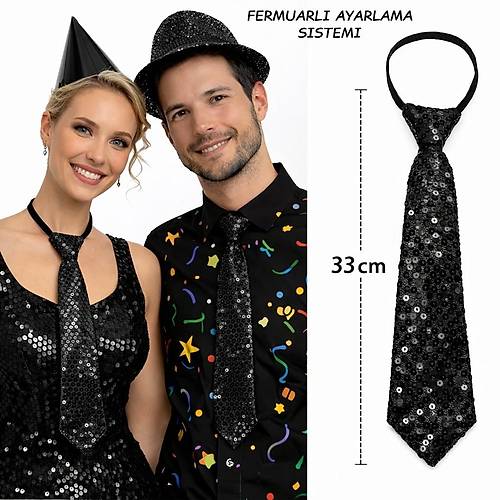 Siyah Renk Pul Payetli I��lt�l� Parti Kravat� 33 cm