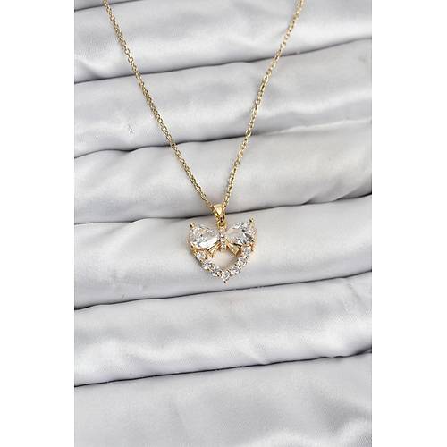 316L �elik Zincir Gold Renk Kalp ve Fiyonk Model Zirkon Ta�l� Kad�n Kolye