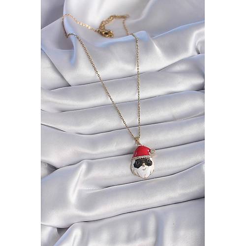 316L �elik Gold Renk Zincir Zirkon Ta�l� Y�lba�� Temal� Noel Baba Fig�r Kad�n Kolye