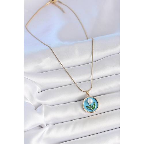 316L �elik Gold Renk Zincir Mavi Mineli �ncili �i�ek ��lemeli Portre Model Kad�n Kolye