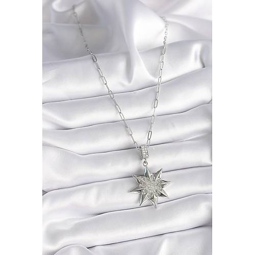 316L �elik G�m�� Renk Zirkon Ta�l� Kutup Y�ld�z� Model Kad�n Kolye