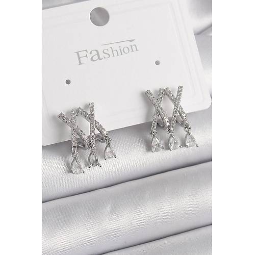 Pirin� G�m�� Renk Zirkon Ta�l� X Model Sallant� Detay Kad�n K�pe