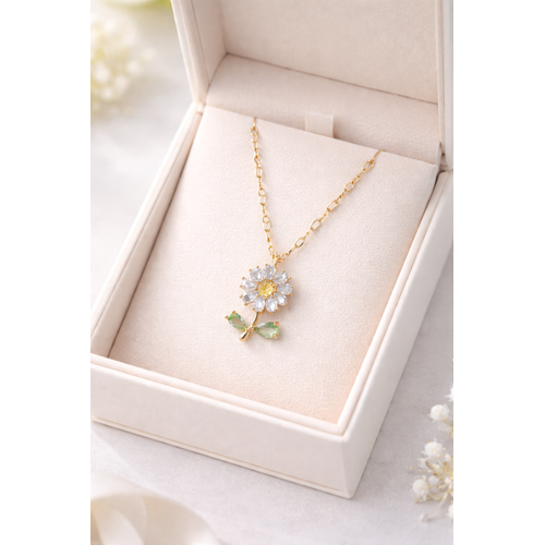 Zirkon Ta�l� �i�ek Fig�rl� Gold Renk �elik Kolye MODEL 11 � Kararmaz, ��k ve Zarif Tasar�m