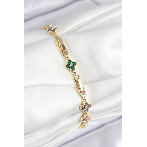 VIP Pirin� Renkli Zirkon Ta�l� Yonca Model Gold Renk Kad�n Bileklik