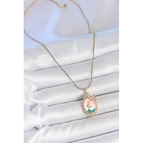 316L �elik Gold Renk Zincir Mix Renk �i�ek ��lemeli Zirkon Ta� Detayl� Portre Model Kad�n Kolye