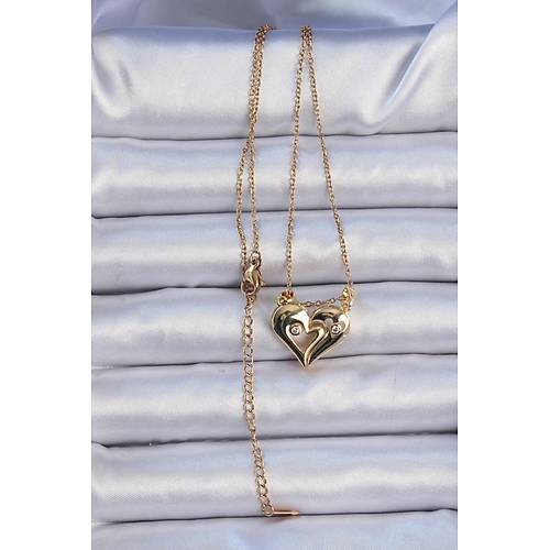 316L �elik Zincir Alt�n Renk Zirkon Ta�l� M�knat�sl� Kalp Kolye