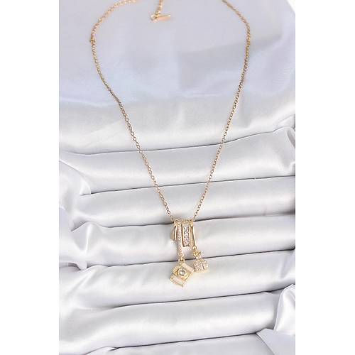 316L �elik Gold Renk Zirkon Ta�l� Sallant� Foto�raf Makinas� Fig�r Charm Kad�n Kolye