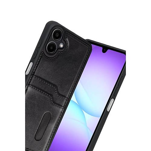 Galaxy A07 4G Sara Kartvizitli Deri K�l�f - Siyah