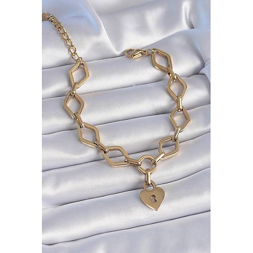 316L �elik Gold Renk Zincir Model Kilit Kalp Fig�r Kad�n Bileklik