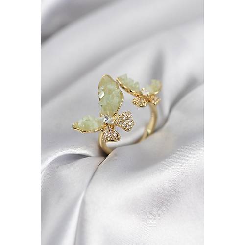 Gold Renk Su Ye�ili Kelebek Model Zirkon Ta�l� Kad�n Y�z�k