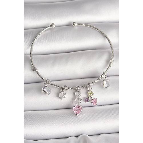 Pirin� G�m�� Renk Sallant� Zirkon Ta�l� Kalp Fig�r Charm Kad�n Bileklik