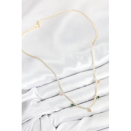 Pirin� Zirkon Ta�l� Su Yolu Damla Model Gold Renk Kad�n Kolye