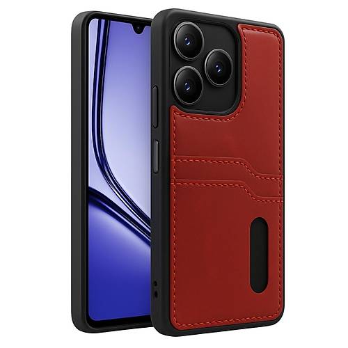 Realme Note 50 4G K�l�f Sara Kartvizitli Deri K�l�f - K�rm�z�