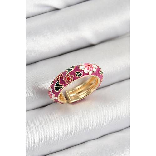 Pirin� Fu�ya Mineli �i�ek Motifli Gold Renk Ayarlanabilir Kad�n Y�z�k