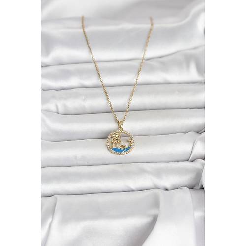 316L �elik Zincir Gold Renk Zirkon Ta�l� Deniz Temal� Kad�n Kolye