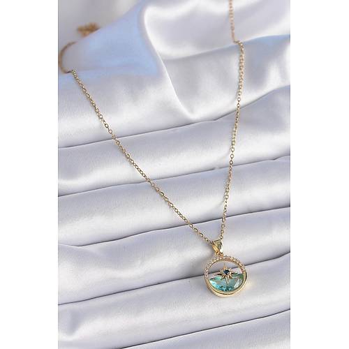 316L �elik Zincir Gold Renk Zirkon Ta�l� Deniz G�r�n�m Kutup Y�ld�z Model Kad�n Kolye