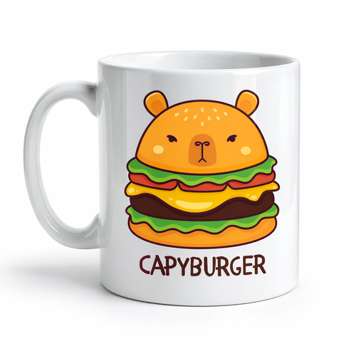 Capyburger Tasar�m Kupa Model 230 Sevimli Kapibara Burger Bask�l� Seramik Kahve Kupas�