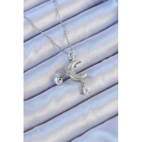 316L �elik Zincir G�m�� Renk Zirkon Ta�l� Kelebekli Mineli Ay Kolye