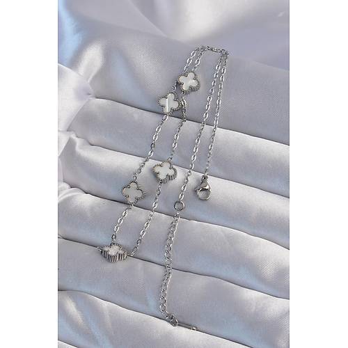 316L �elik G�m�� Renk Minimal Beyaz Sedefli Yonca Kolye