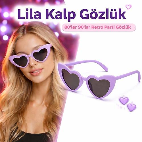 Mor Lila Retro Kalp G�zl�k � 80�ler 90�lar Stil Parti G�zl���